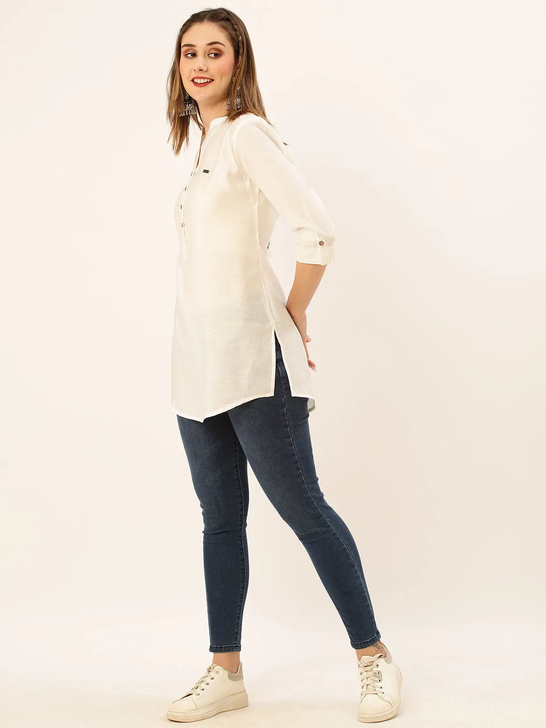 Mandarin Collar Rayon Solid White Straight Tunic For Women - ZOLA