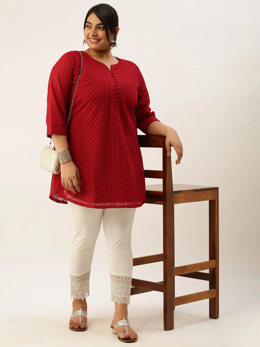 Maroon Paisley Embroidered Georgette Lucknowi Chikankari Thigh Length Tunic For Women - ZOLA