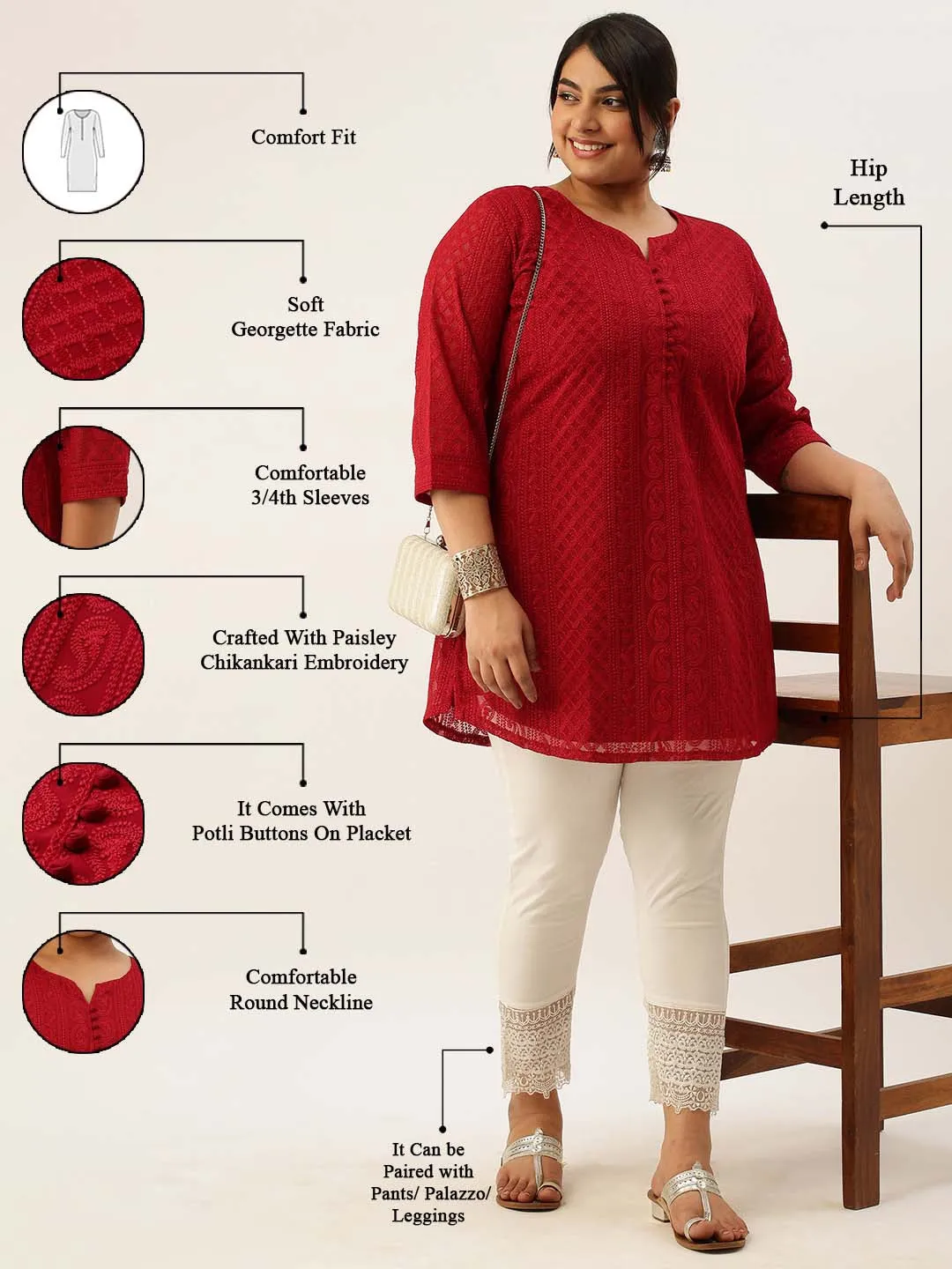 Maroon Paisley Embroidered Georgette Lucknowi Chikankari Thigh Length Tunic For Women - ZOLA