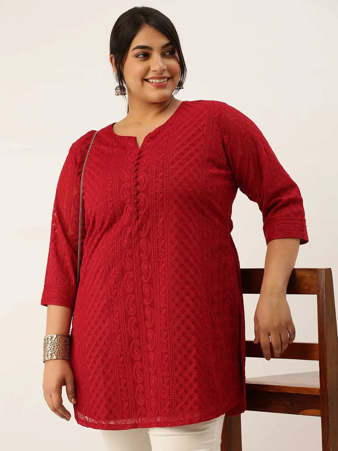 Maroon Paisley Embroidered Georgette Lucknowi Chikankari Thigh Length Tunic For Women - ZOLA