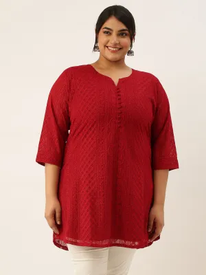 Maroon Paisley Embroidered Georgette Lucknowi Chikankari Thigh Length Tunic For Women - ZOLA