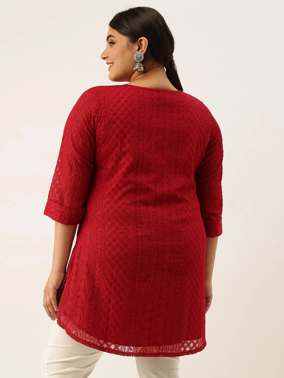 Maroon Paisley Embroidered Georgette Lucknowi Chikankari Thigh Length Tunic For Women - ZOLA