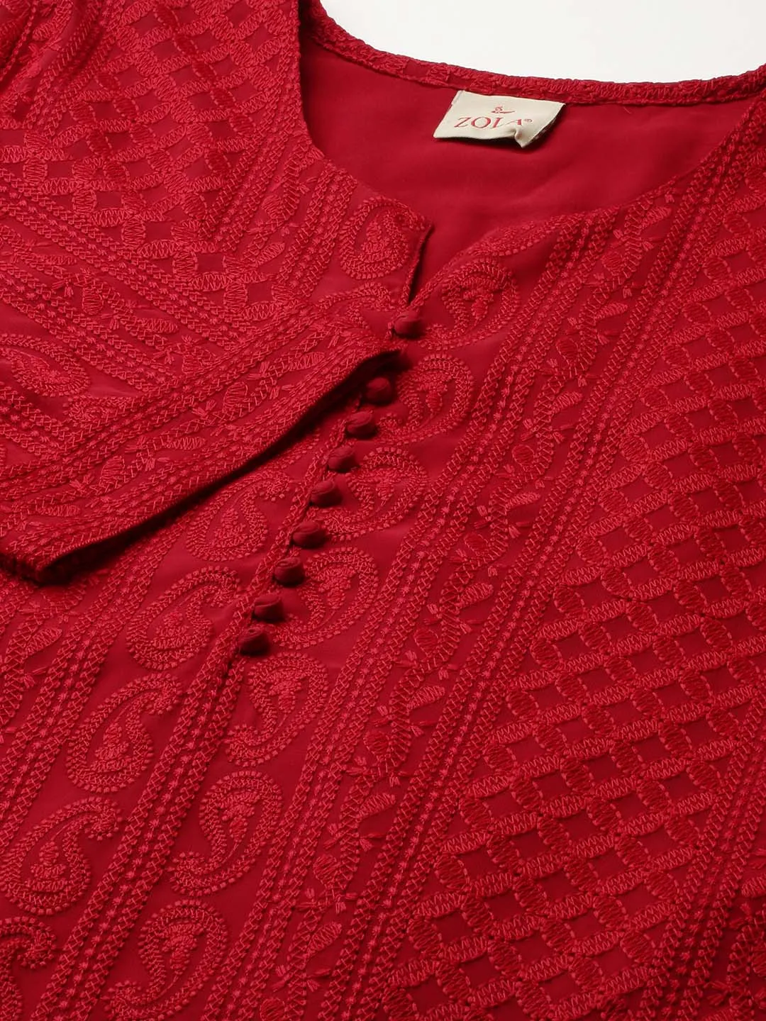 Maroon Paisley Embroidered Georgette Lucknowi Chikankari Thigh Length Tunic For Women - ZOLA