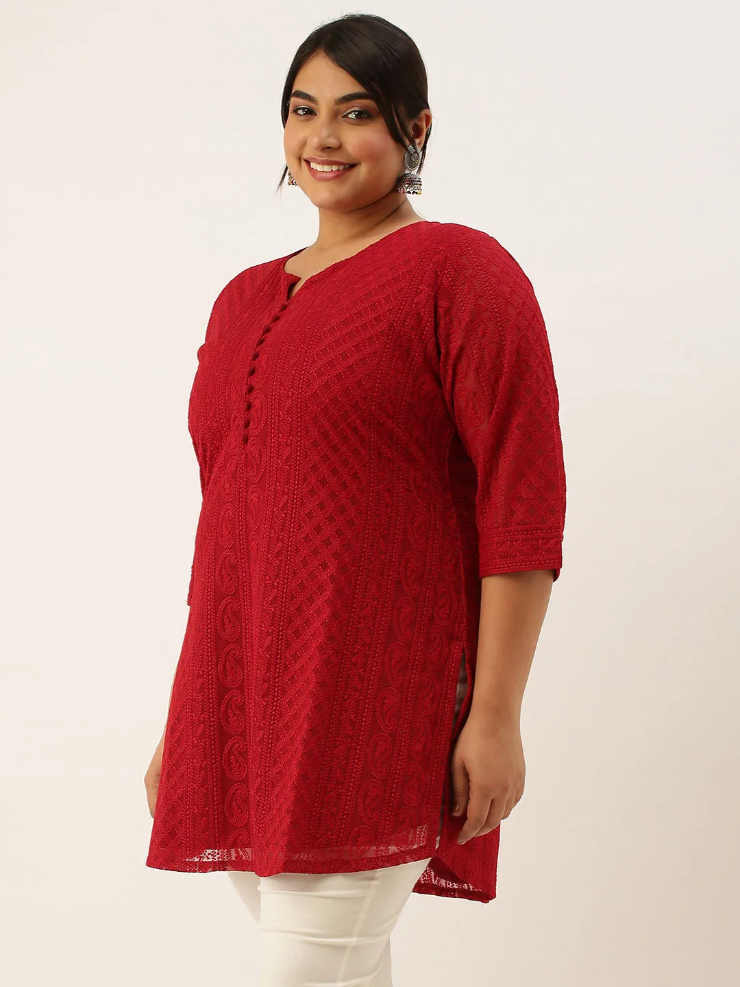 Maroon Paisley Embroidered Georgette Lucknowi Chikankari Thigh Length Tunic For Women - ZOLA