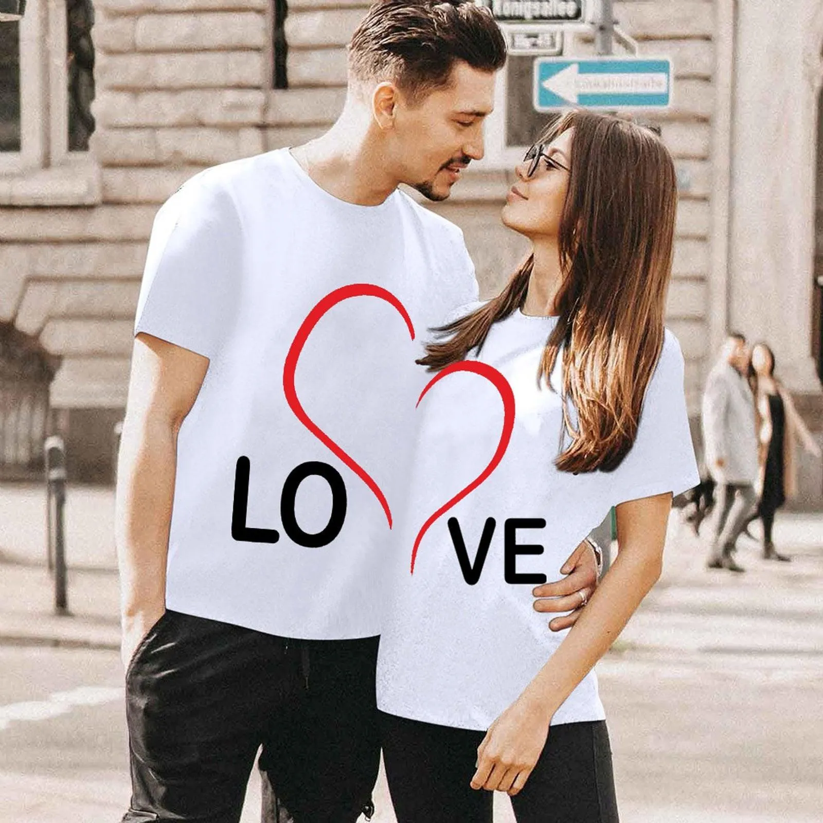 Matching Love Heart Printing Couple T-Shirts