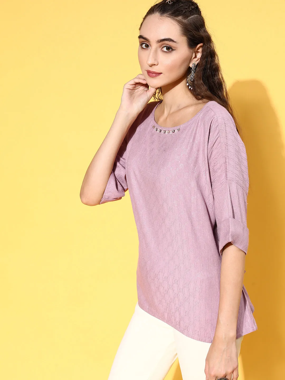 Mauve Color Self Weaved Embellished Top With Tie-Up Belt