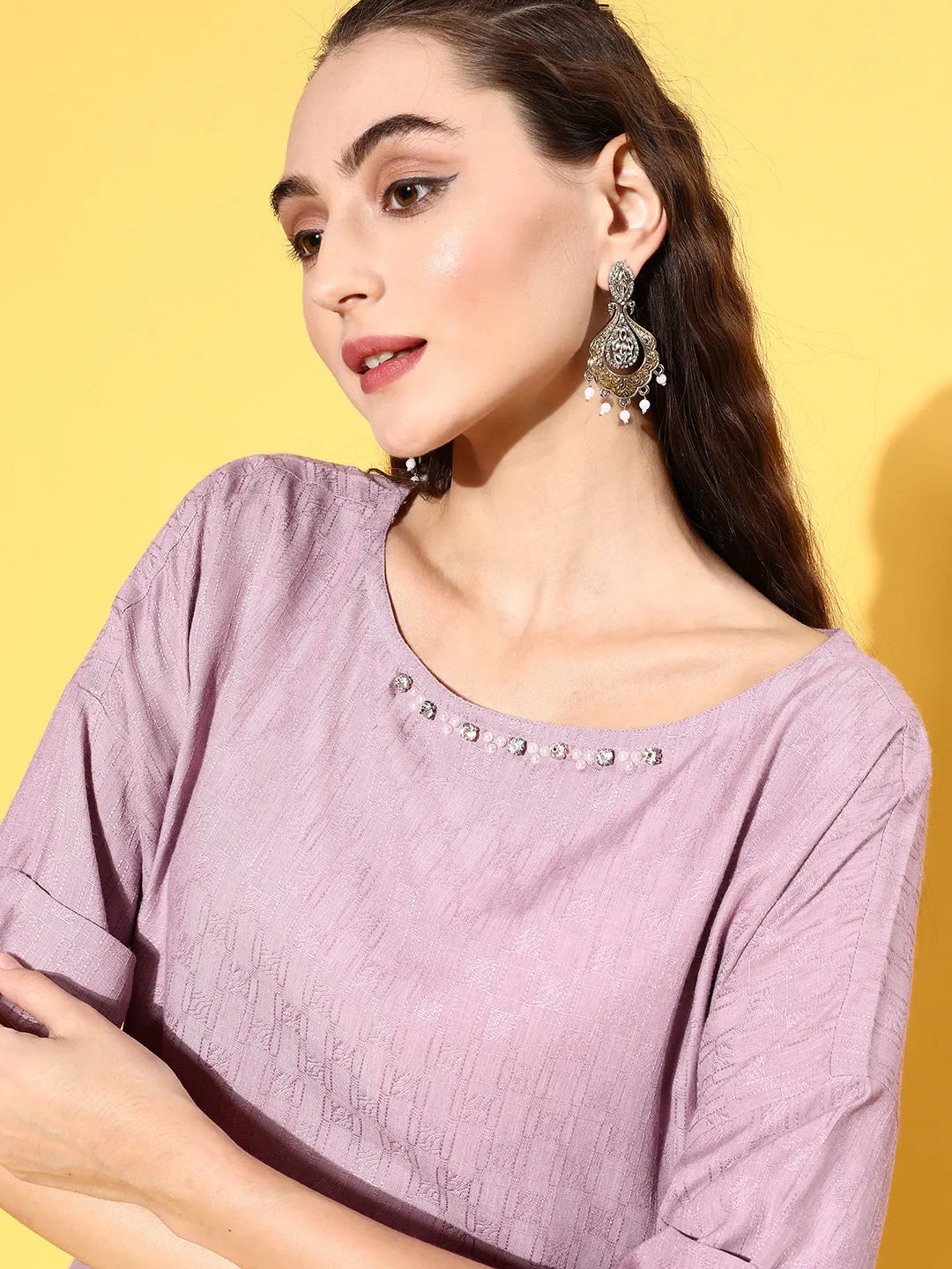 Mauve Color Self Weaved Embellished Top With Tie-Up Belt