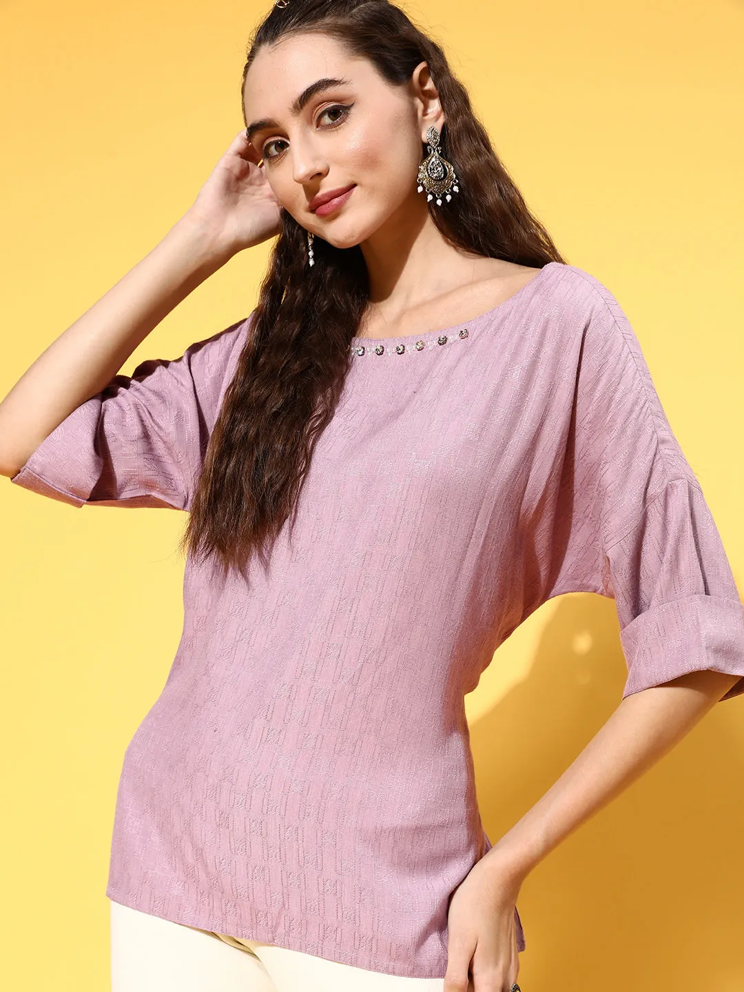 Mauve Color Self Weaved Embellished Top With Tie-Up Belt