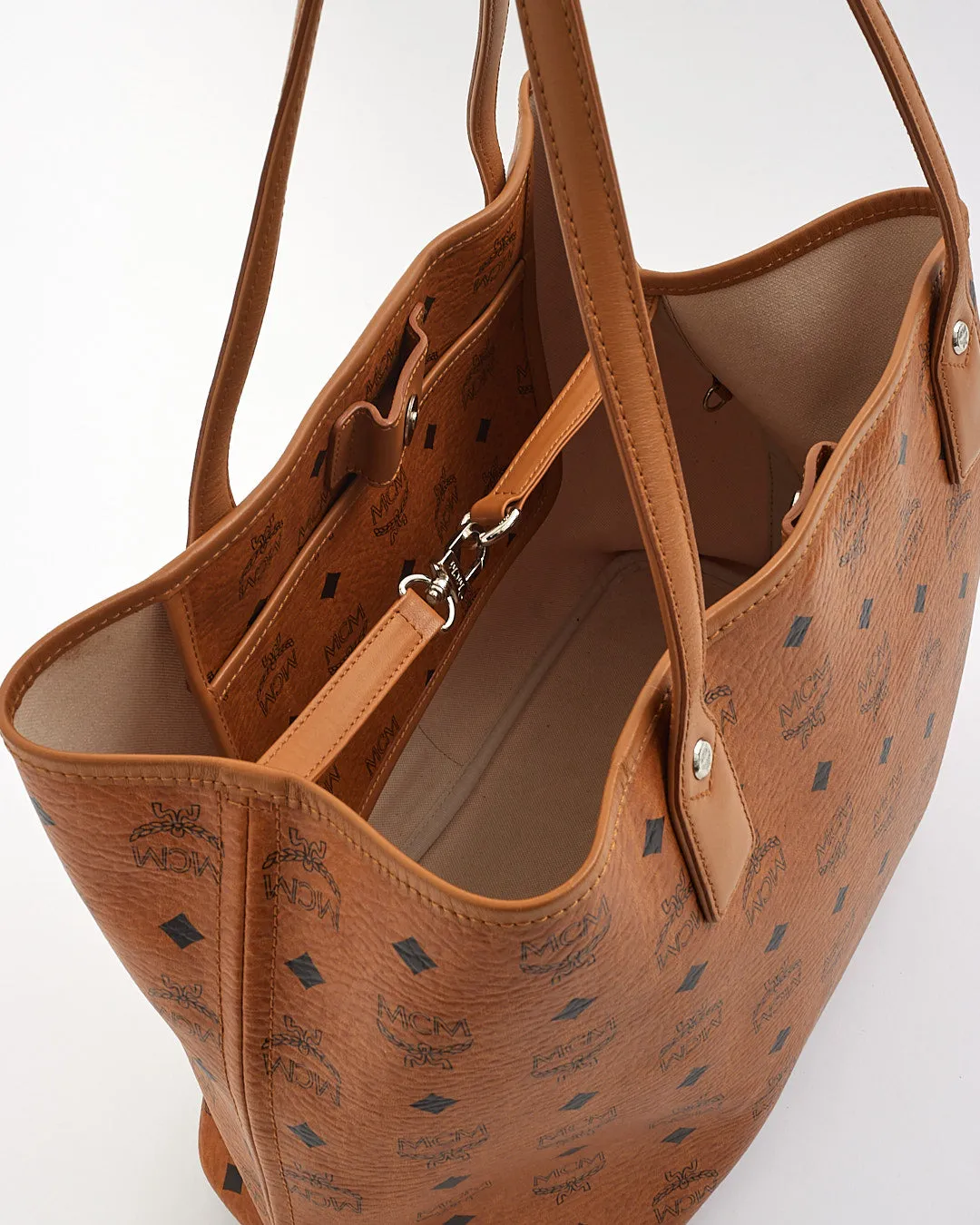 MCM Cognac Visetos Monogram Green Stripe Liz Shopper Tote