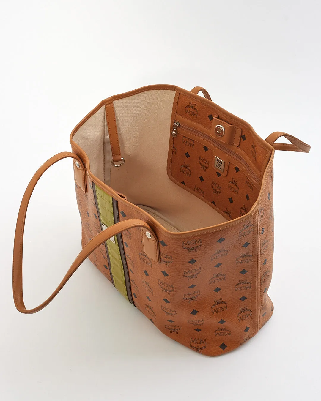 MCM Cognac Visetos Monogram Green Stripe Liz Shopper Tote