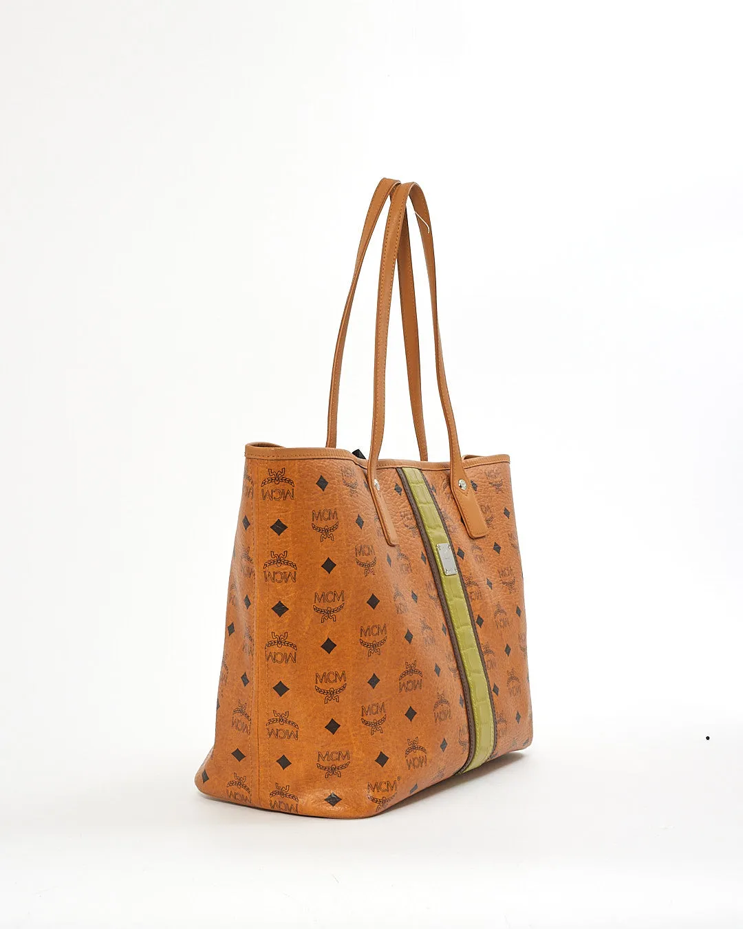 MCM Cognac Visetos Monogram Green Stripe Liz Shopper Tote