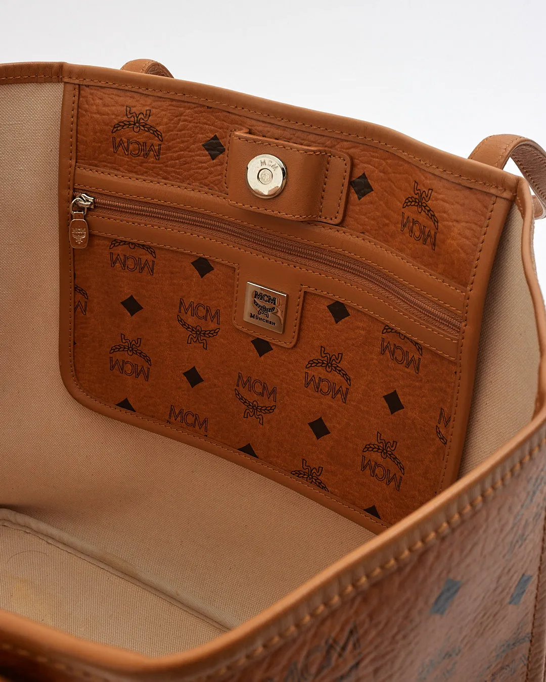 MCM Cognac Visetos Monogram Green Stripe Liz Shopper Tote