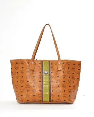 MCM Cognac Visetos Monogram Green Stripe Liz Shopper Tote