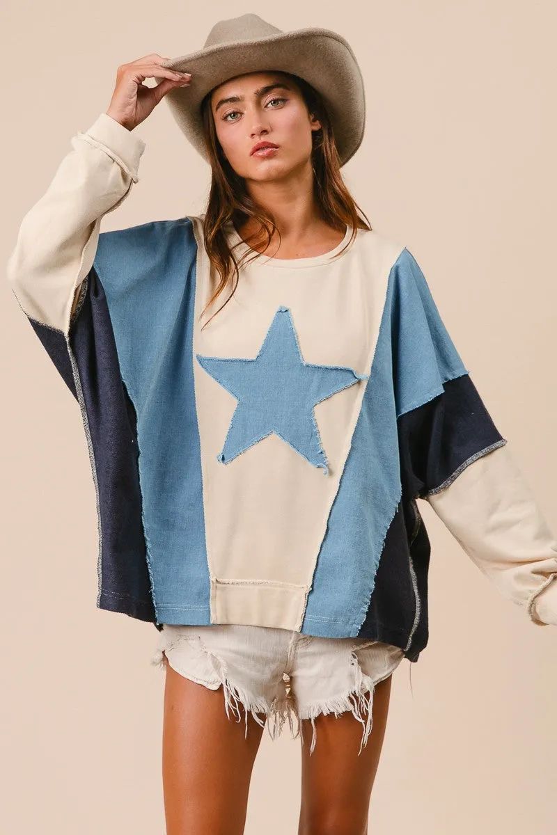 Megan Washed Knit and Denim Mixed Top