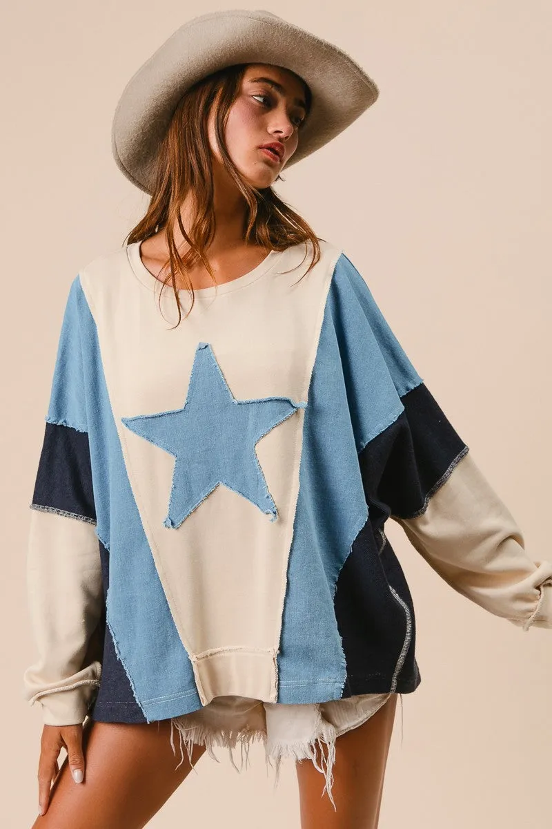 Megan Washed Knit and Denim Mixed Top