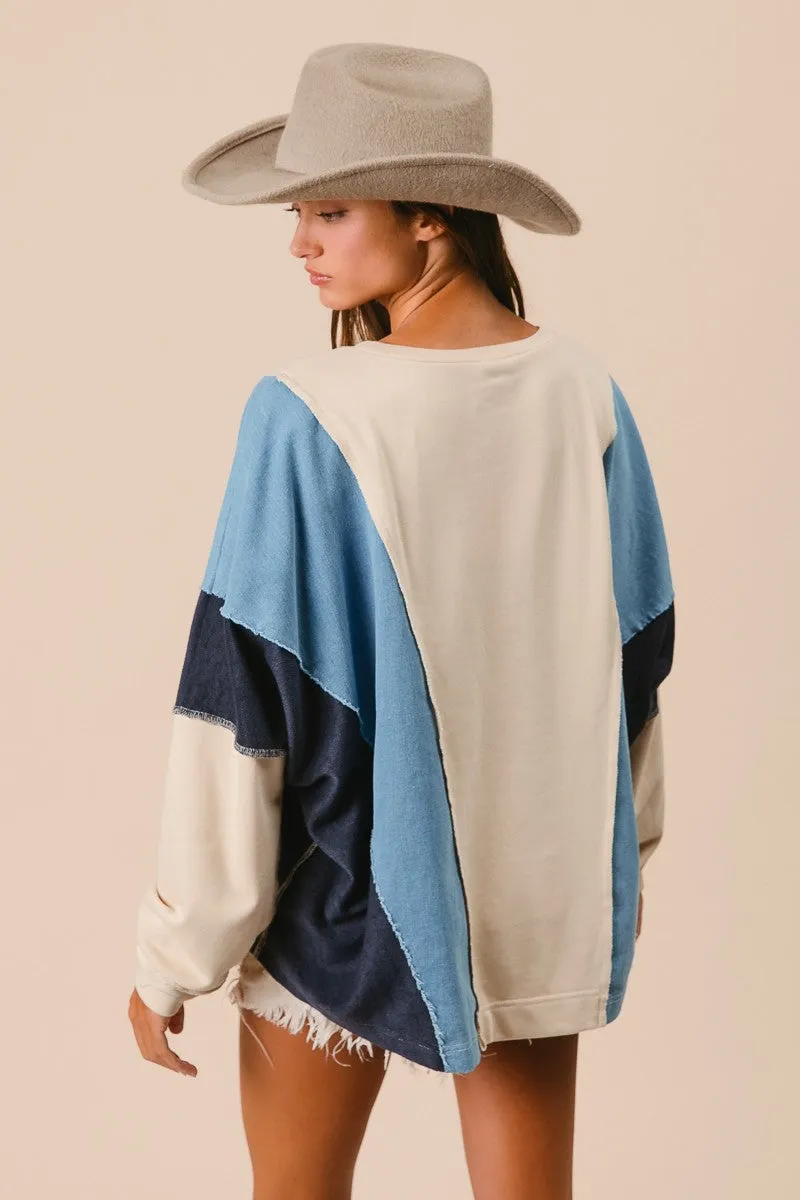 Megan Washed Knit and Denim Mixed Top