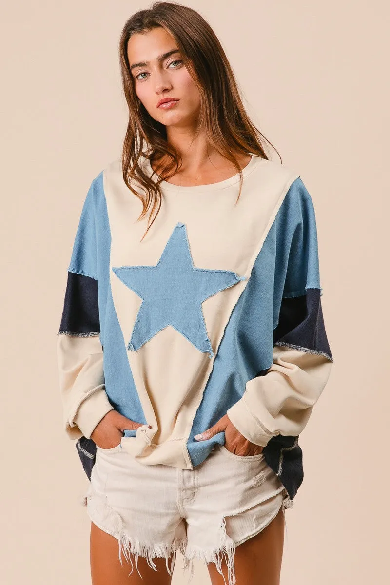Megan Washed Knit and Denim Mixed Top