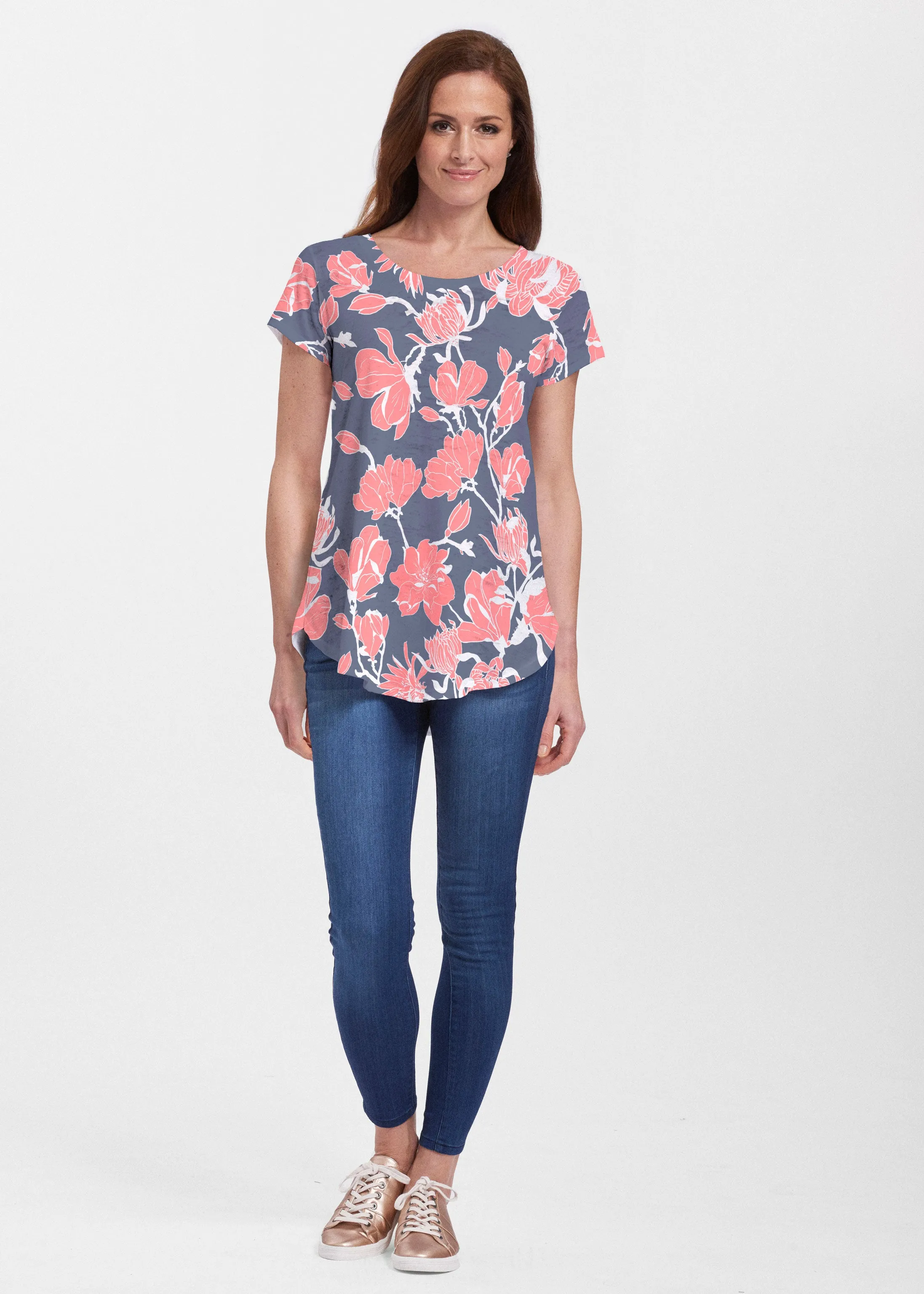 Melina Blooms Navy (7721) ~ Signature Short Sleeve Scoop Neck Flowy Tunic