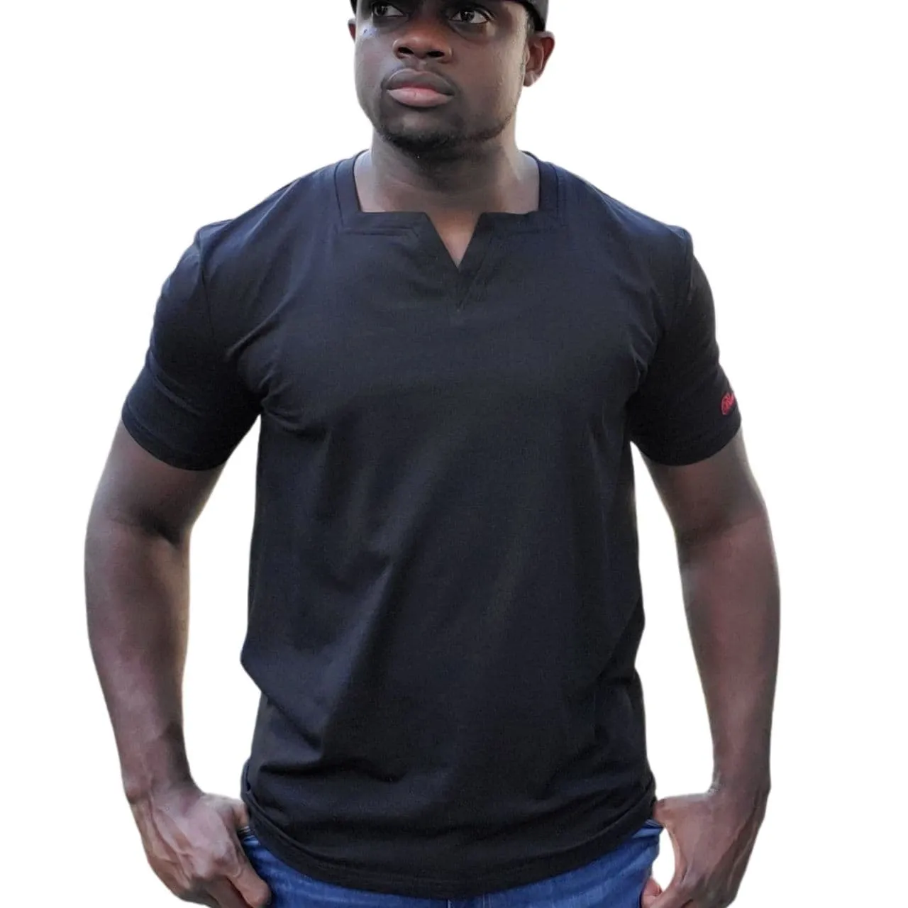 Men Black Short Sleeves Blue Cavalz  Square V-neck t-shirt
