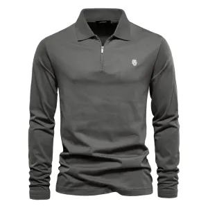 Men's Long Sleeve 100% Cotton Solid Color Polo Shirt