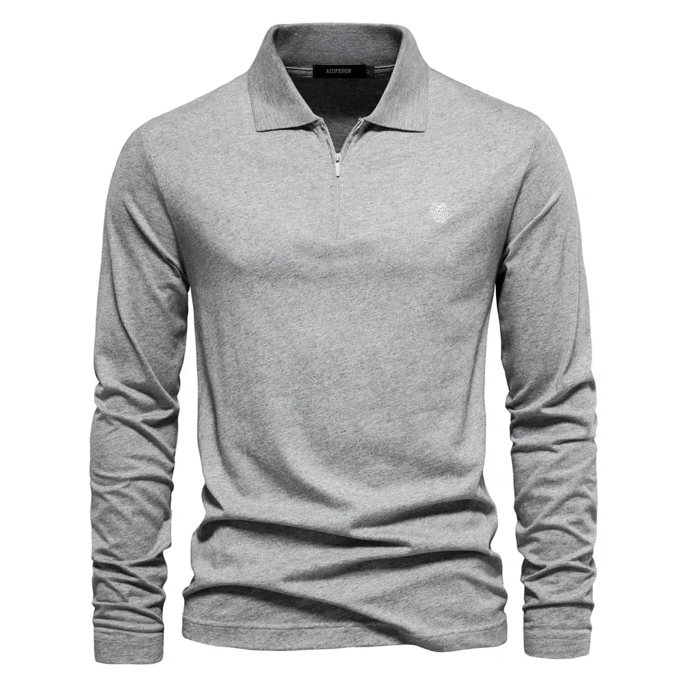 Men's Long Sleeve 100% Cotton Solid Color Polo Shirt