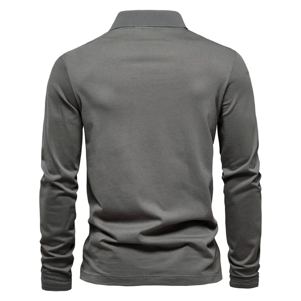 Men's Long Sleeve 100% Cotton Solid Color Polo Shirt