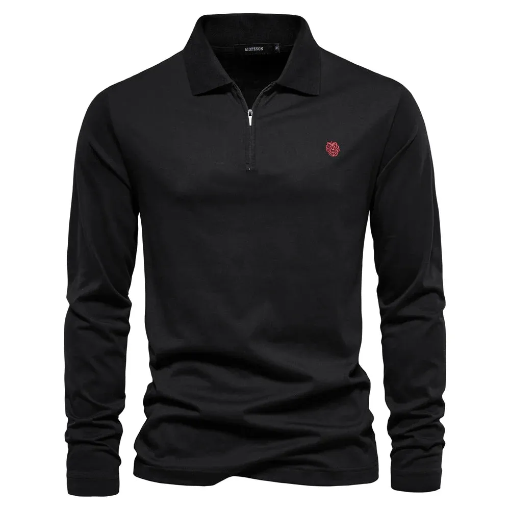 Men's Long Sleeve 100% Cotton Solid Color Polo Shirt