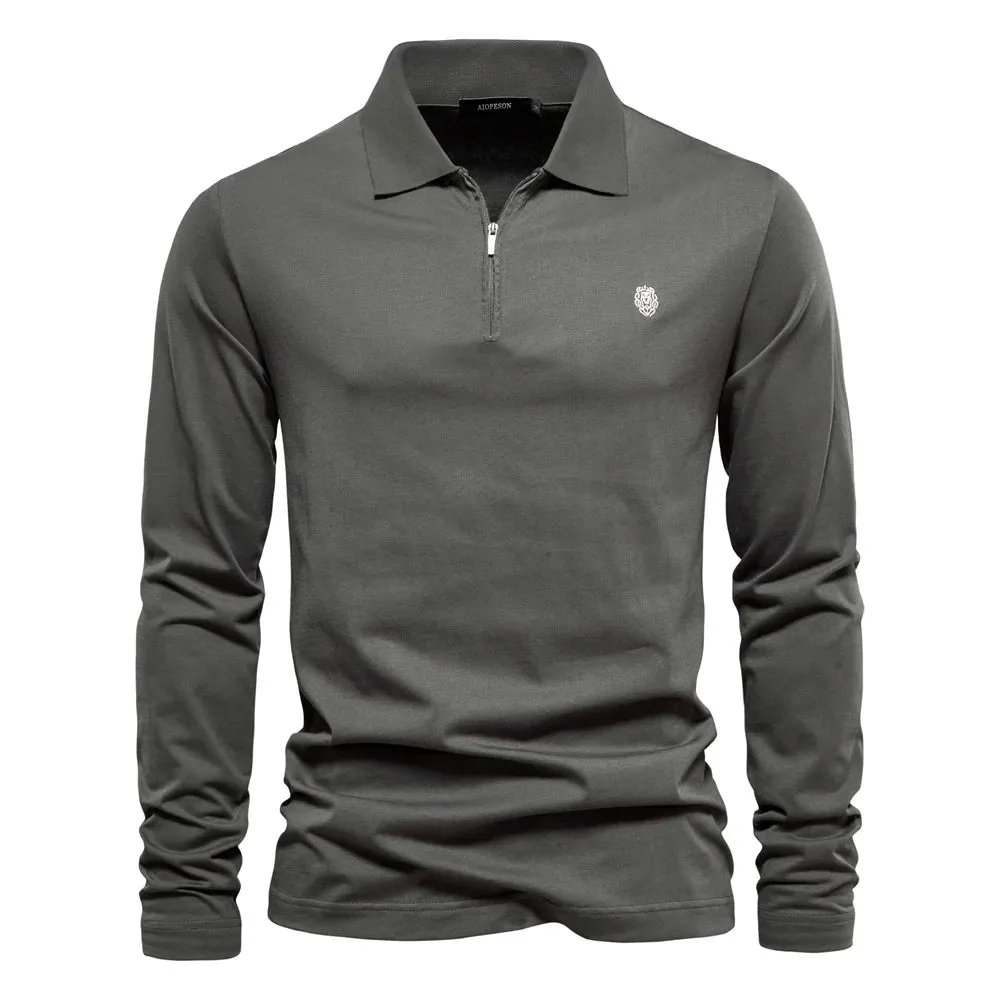 Men's Long Sleeve 100% Cotton Solid Color Polo Shirt