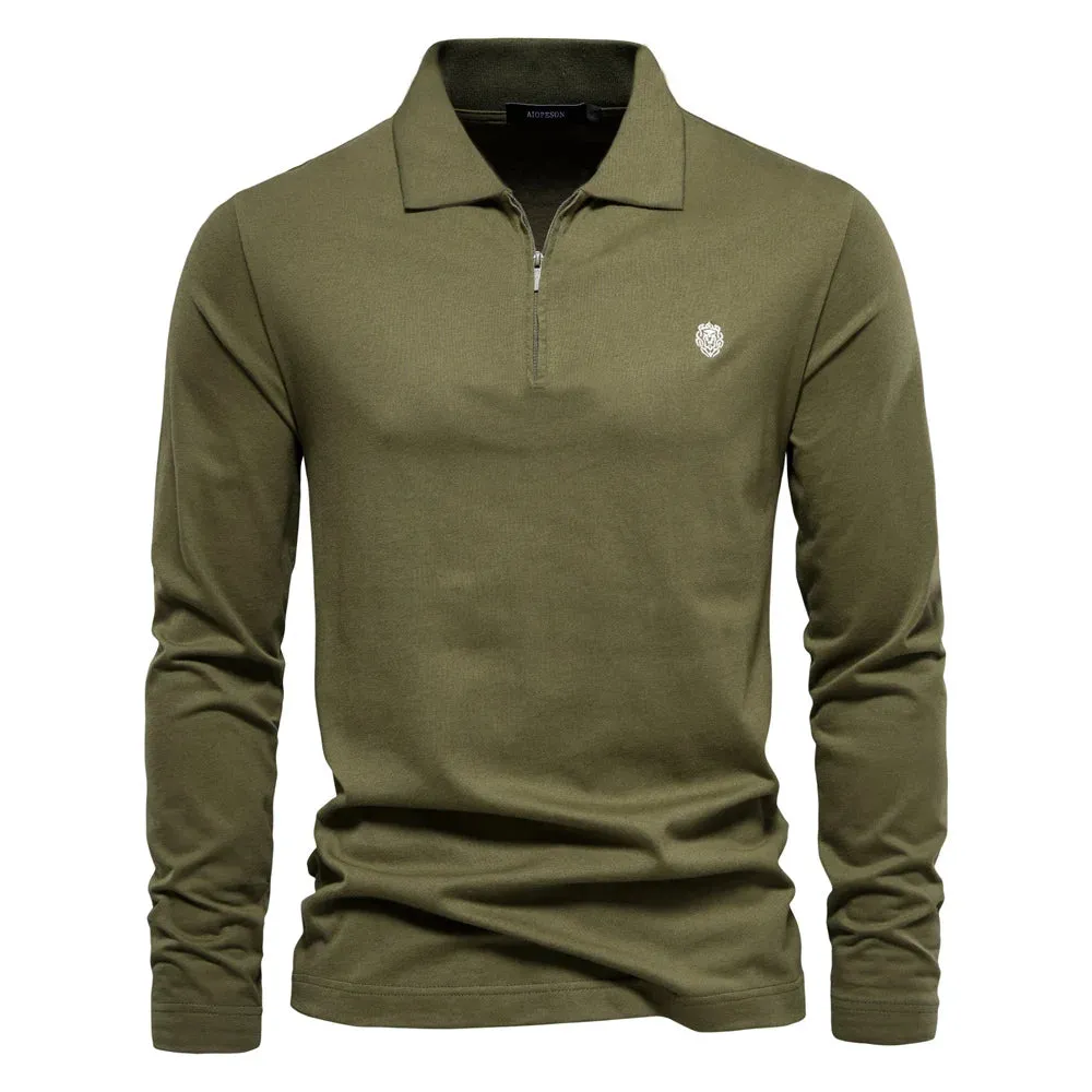 Men's Long Sleeve 100% Cotton Solid Color Polo Shirt