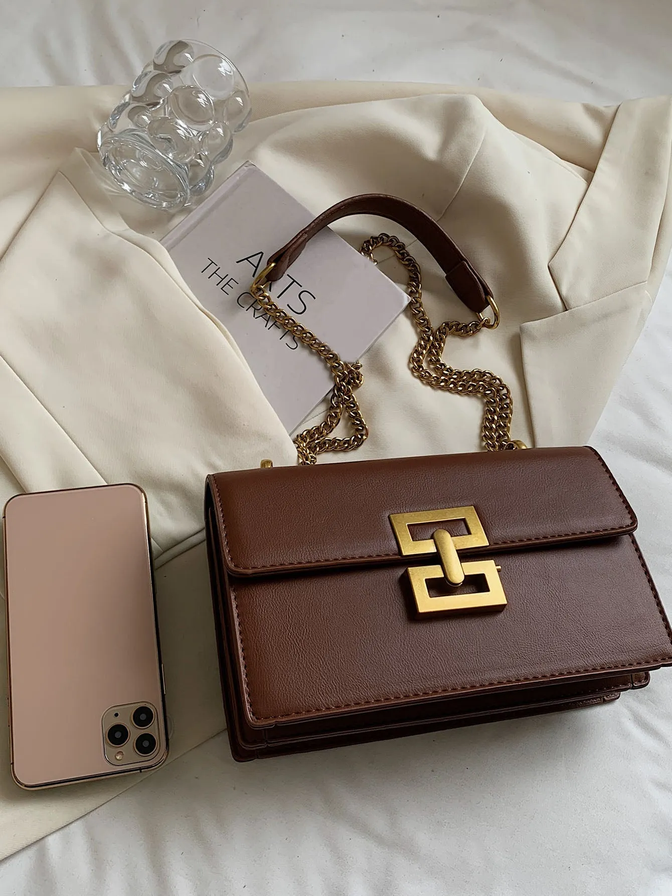 Metal Decor Flap Chain Shoulder Bag - Brown
