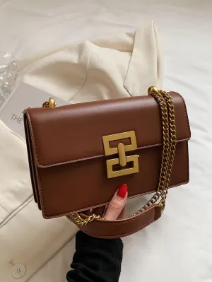 Metal Decor Flap Chain Shoulder Bag - Brown