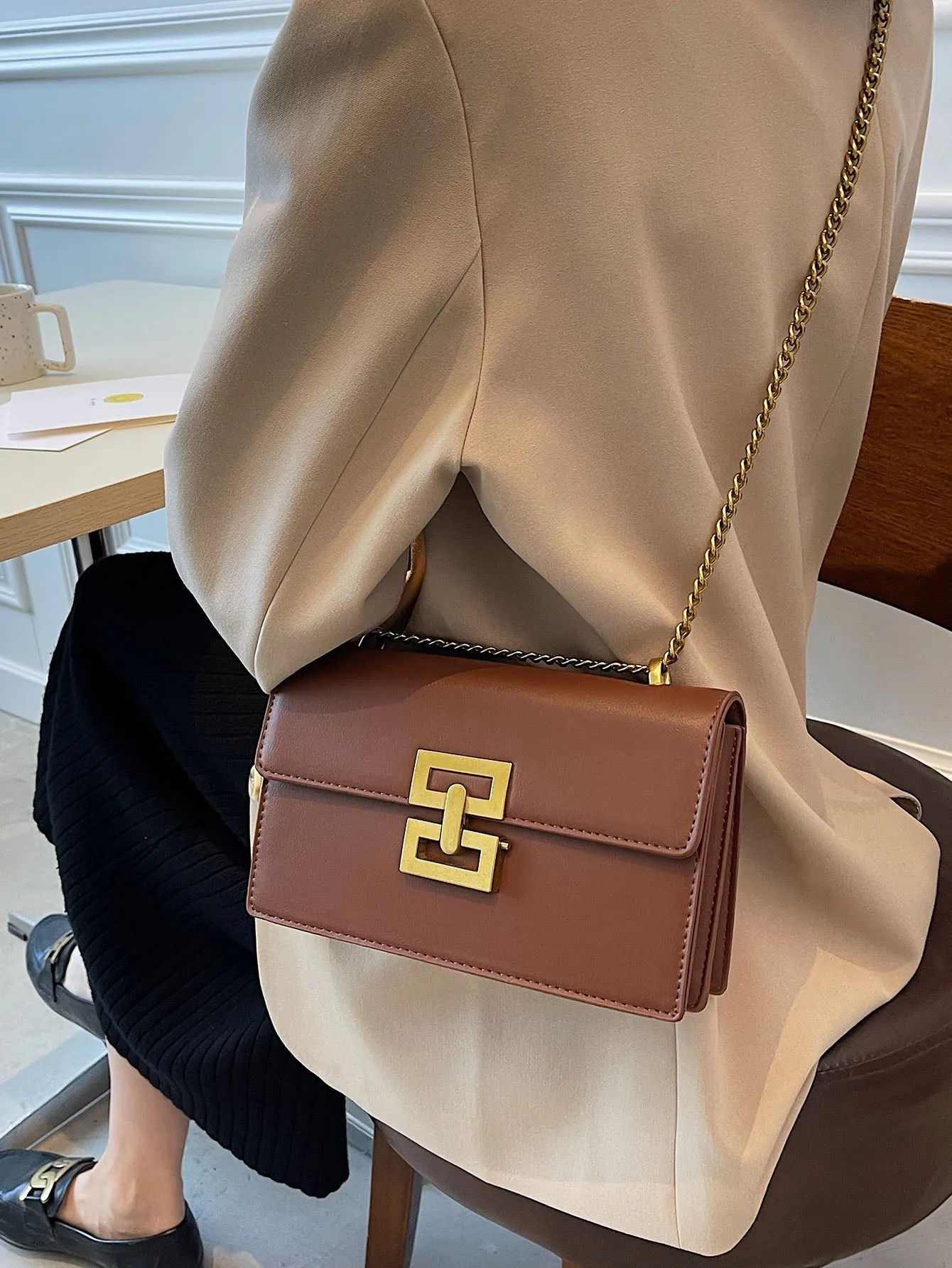 Metal Decor Flap Chain Shoulder Bag - Brown