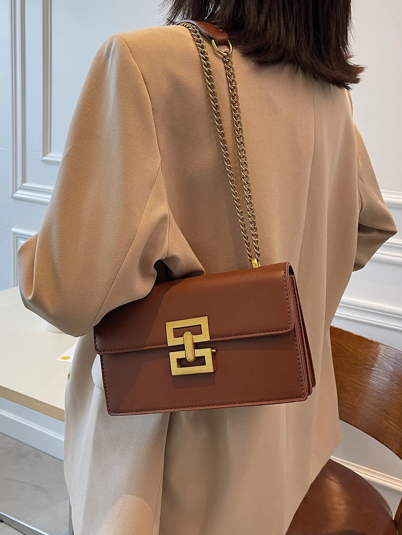 Metal Decor Flap Chain Shoulder Bag - Brown