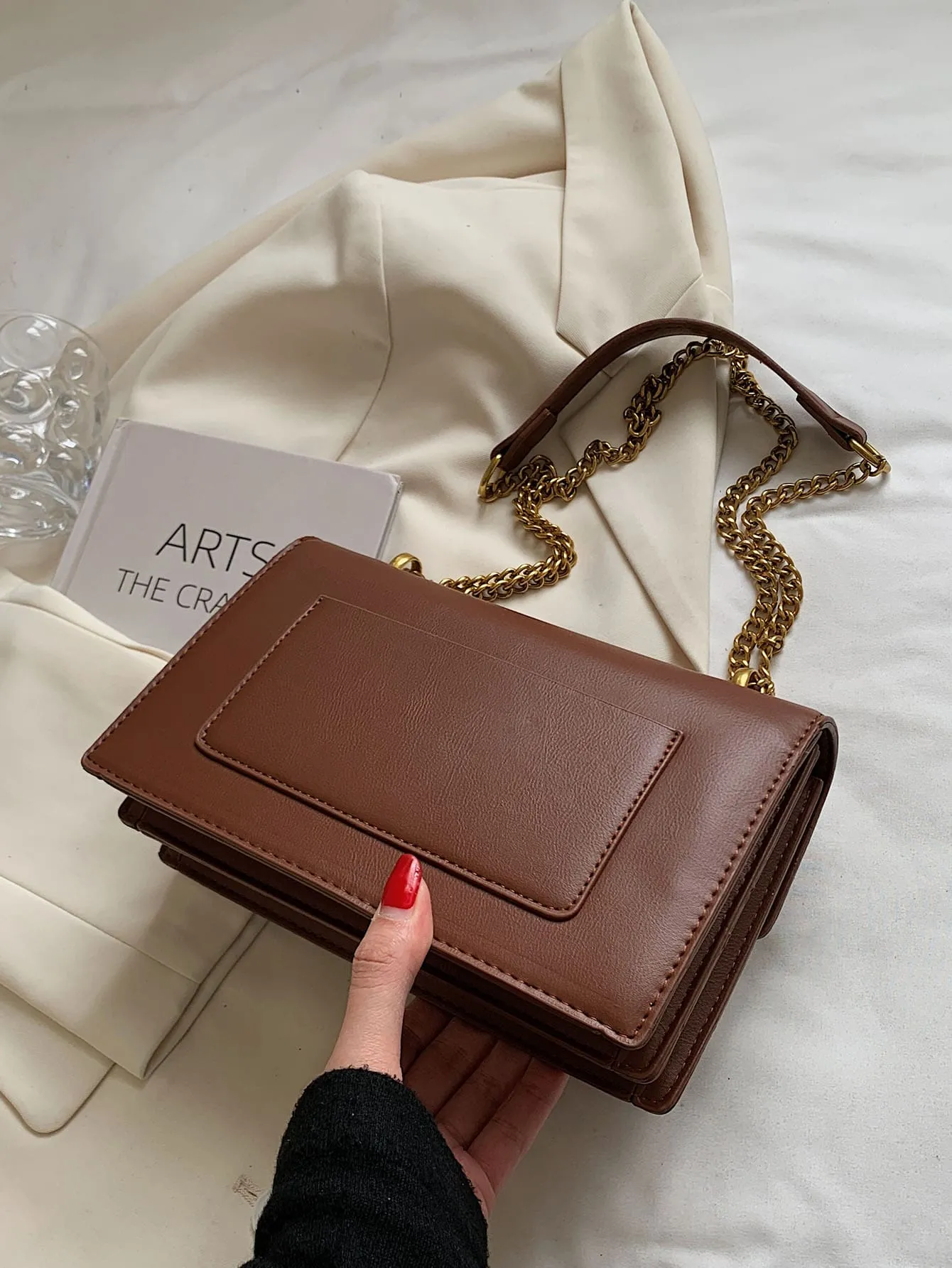Metal Decor Flap Chain Shoulder Bag - Brown