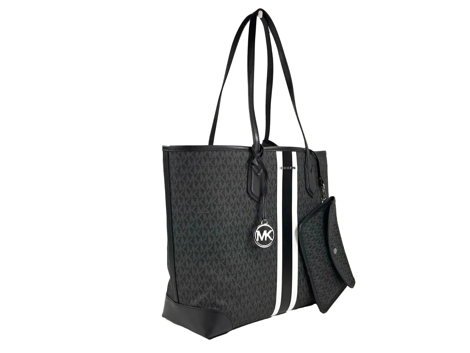 Michael Kors Eva Large Stripe Travel Tote Bag Plus Pouch Black