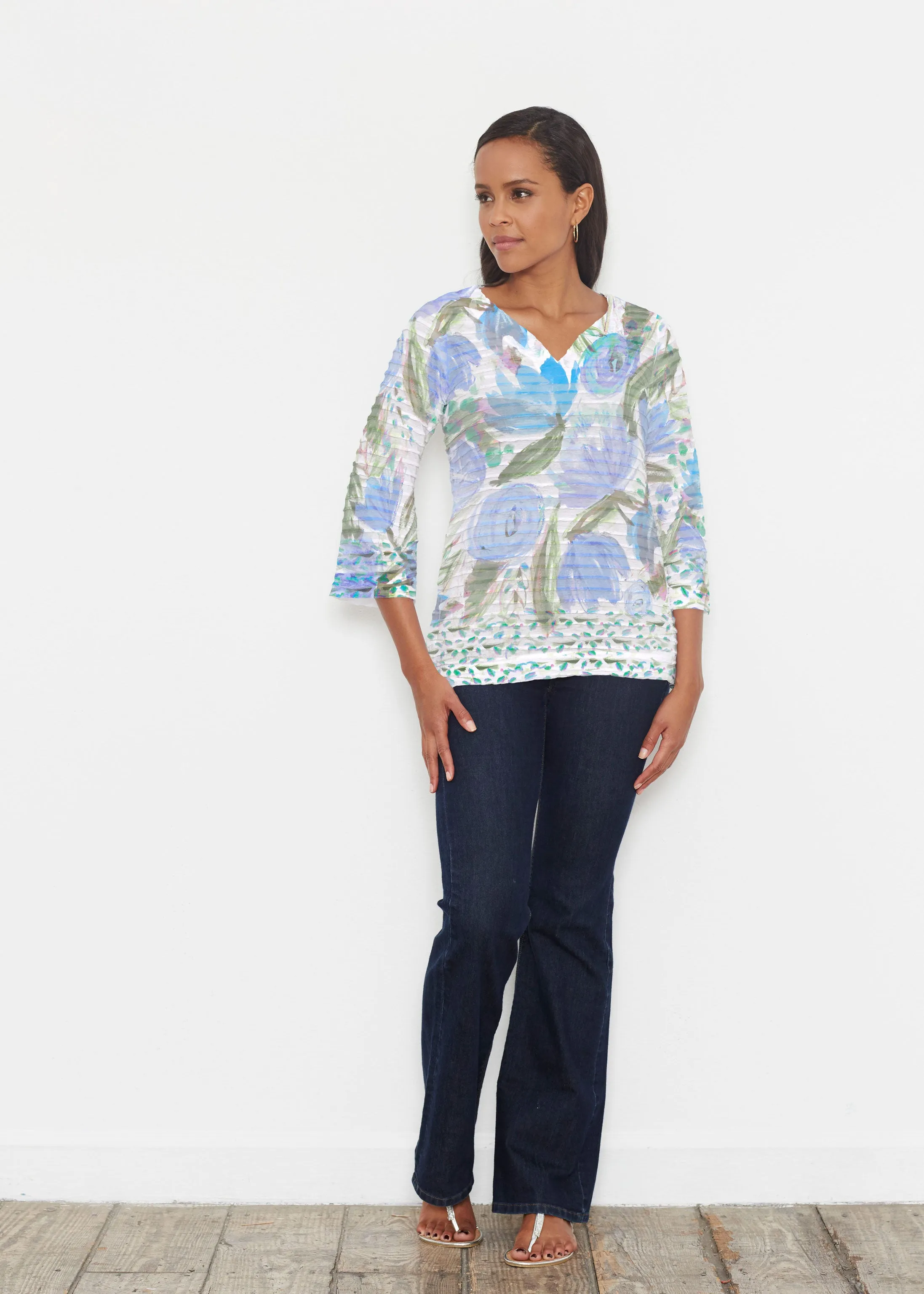 Monet Blue (17178) ~ Banded 3/4 Bell-Sleeve V-Neck Tunic