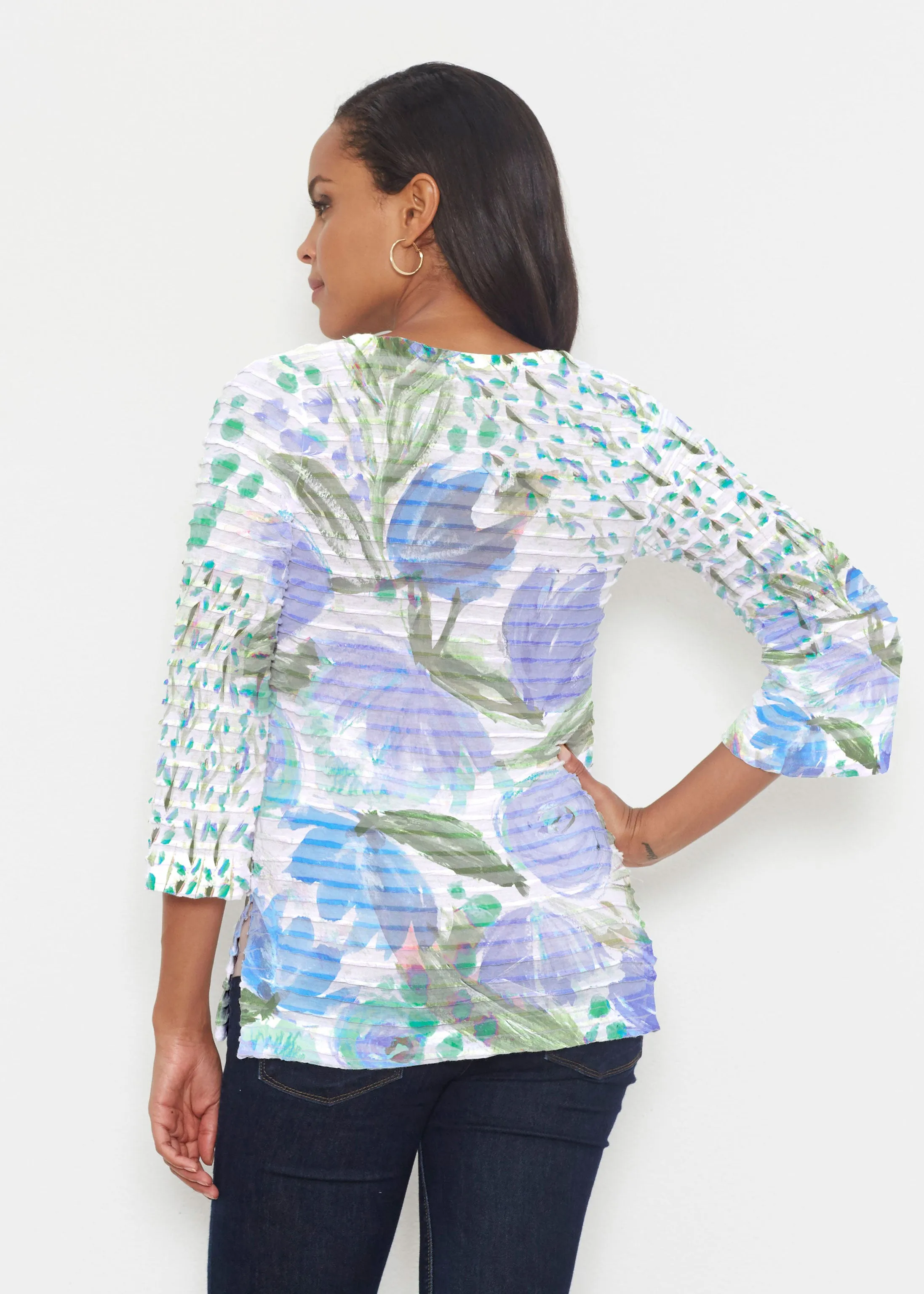 Monet Blue (17178) ~ Banded 3/4 Bell-Sleeve V-Neck Tunic