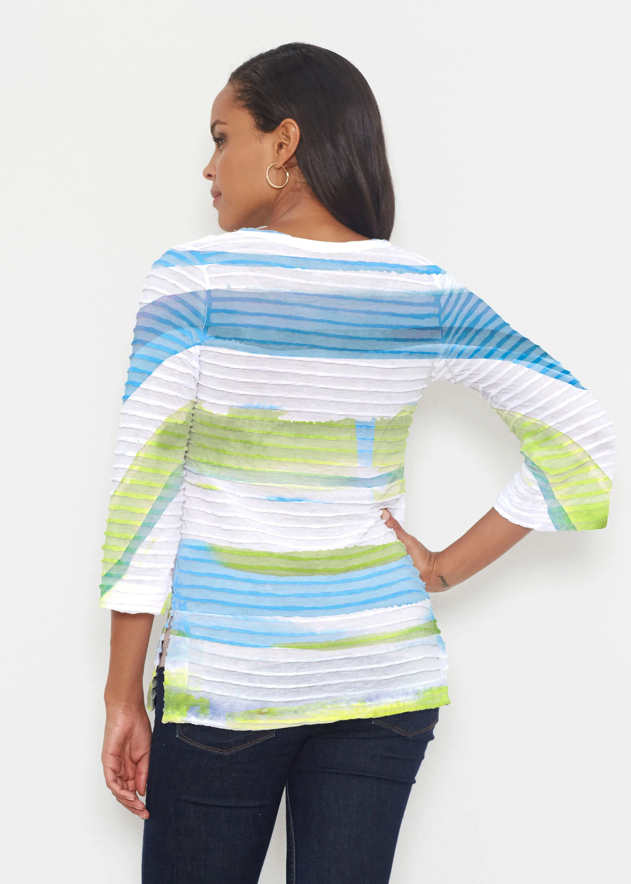 Multi Stripe Blue (7843) ~ Banded 3/4 Bell-Sleeve V-Neck Tunic