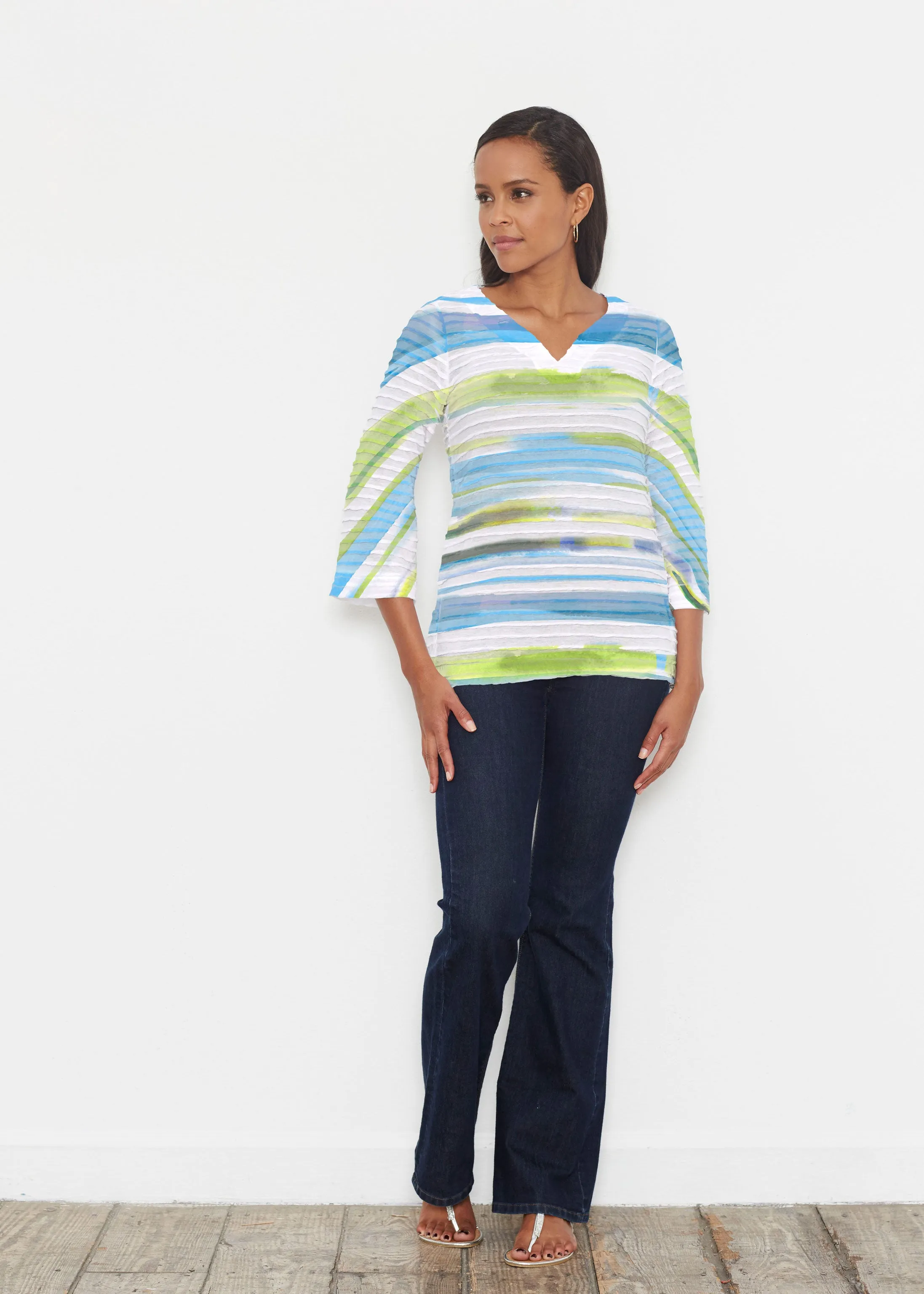 Multi Stripe Blue (7843) ~ Banded 3/4 Bell-Sleeve V-Neck Tunic