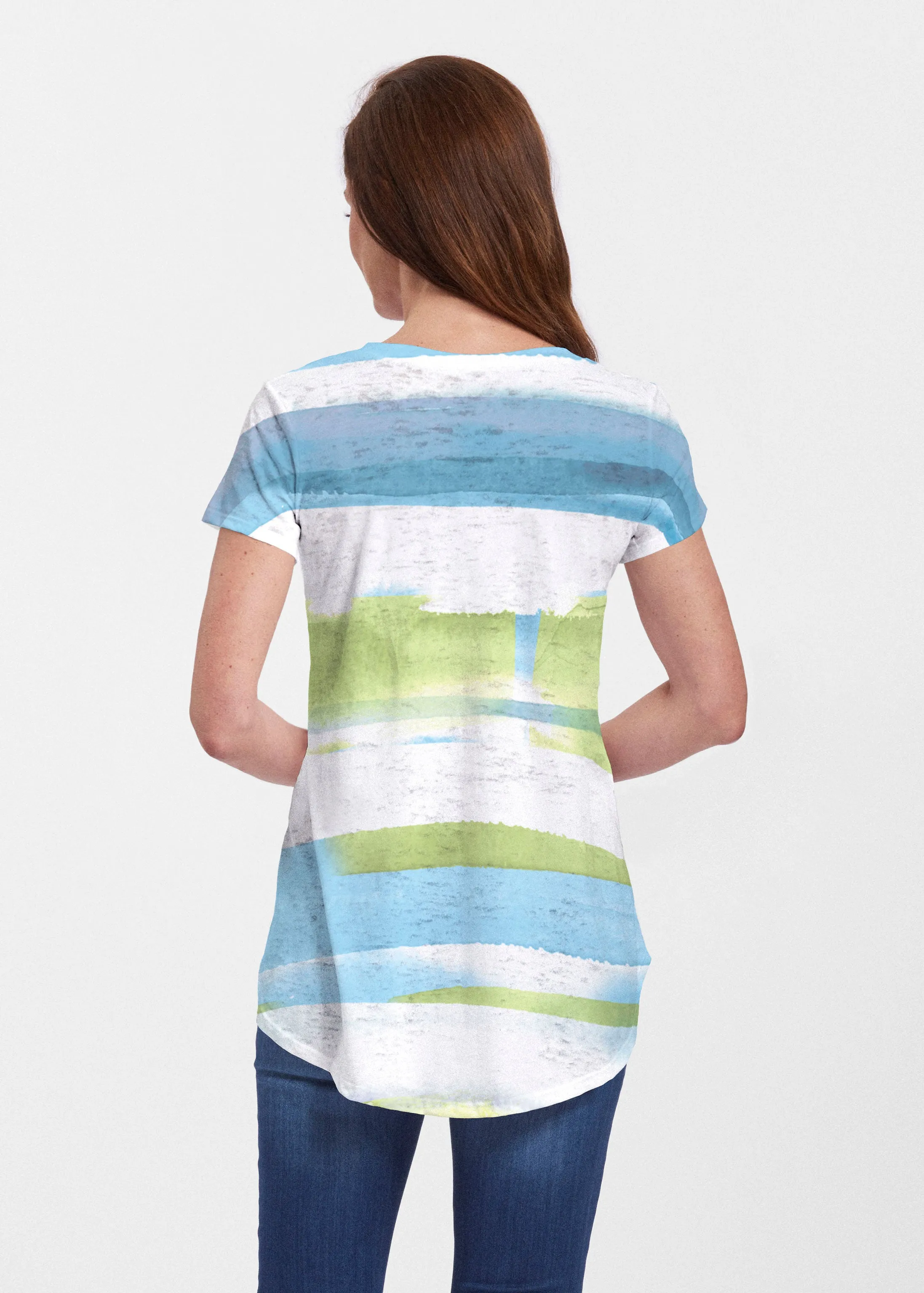 Multi Stripe Blue (7843) ~ Signature Short Sleeve Scoop Neck Flowy Tunic