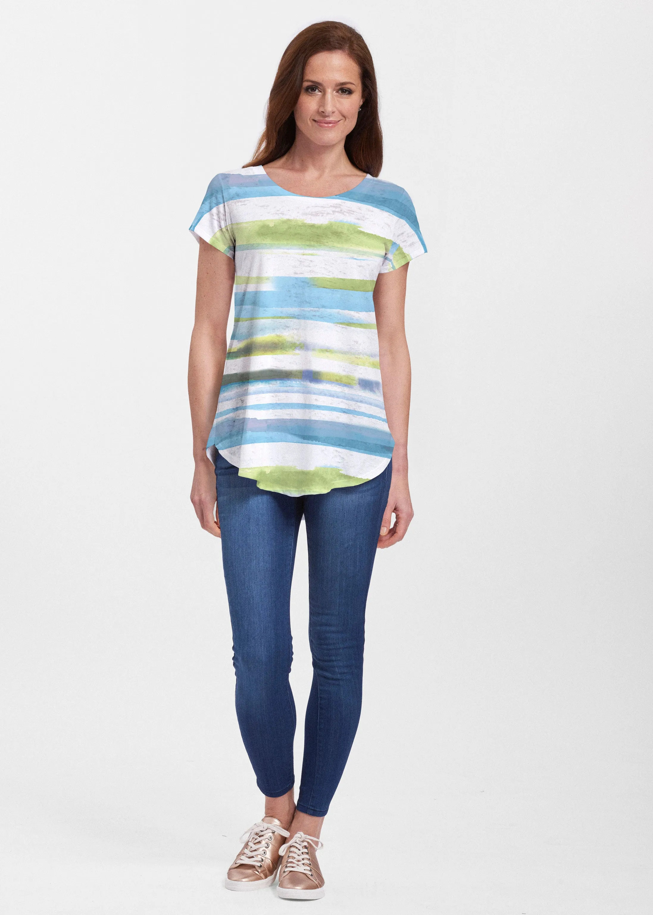 Multi Stripe Blue (7843) ~ Signature Short Sleeve Scoop Neck Flowy Tunic