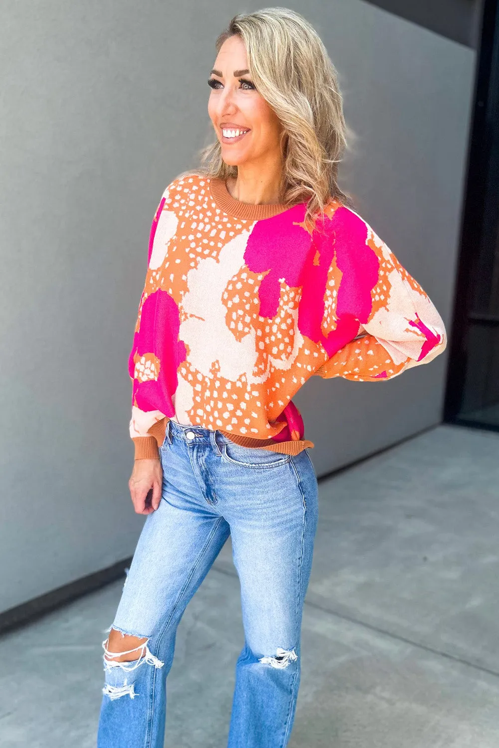 Multicolor Flower Pattern Drop Shoulder Sweater
