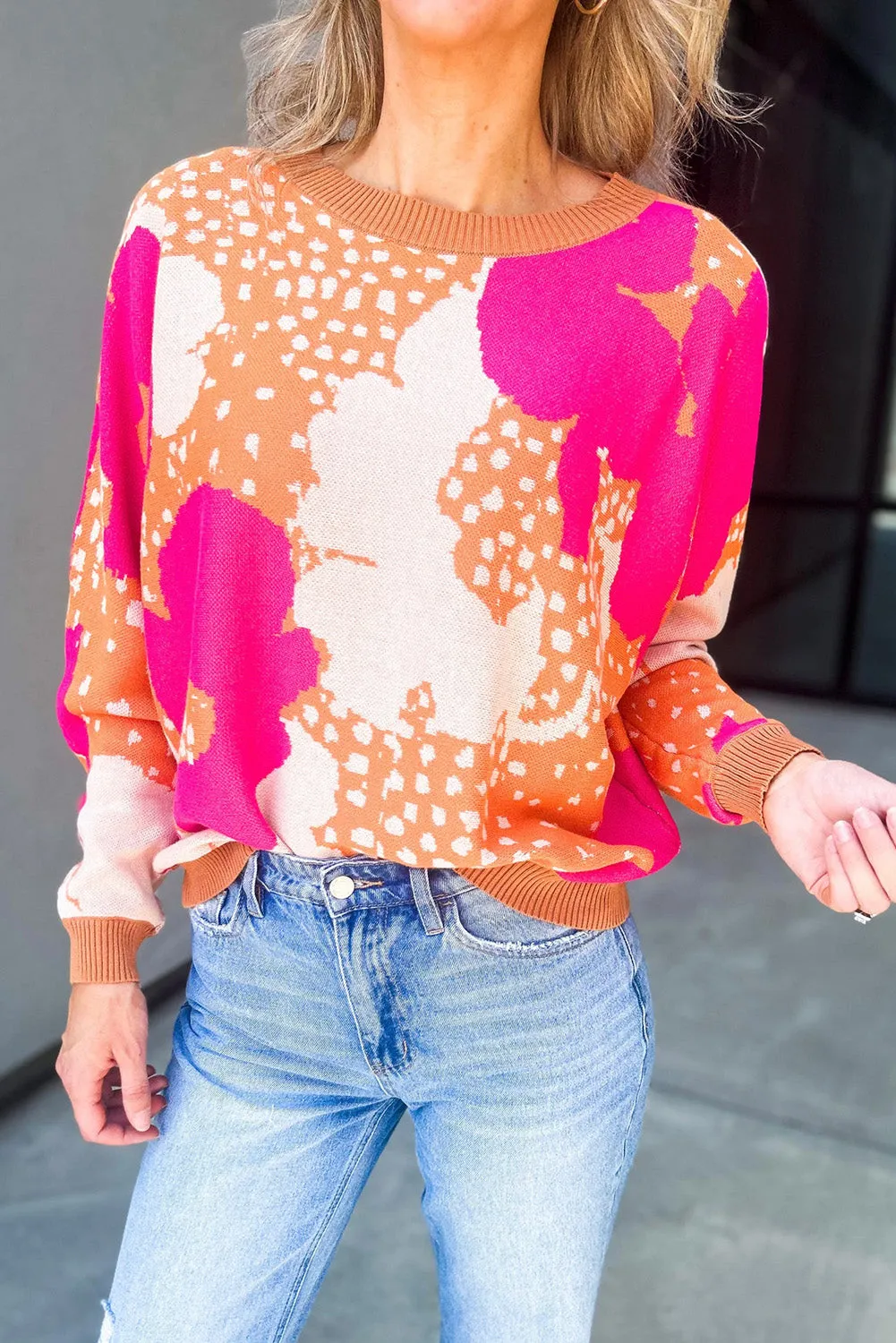 Multicolor Flower Pattern Drop Shoulder Sweater