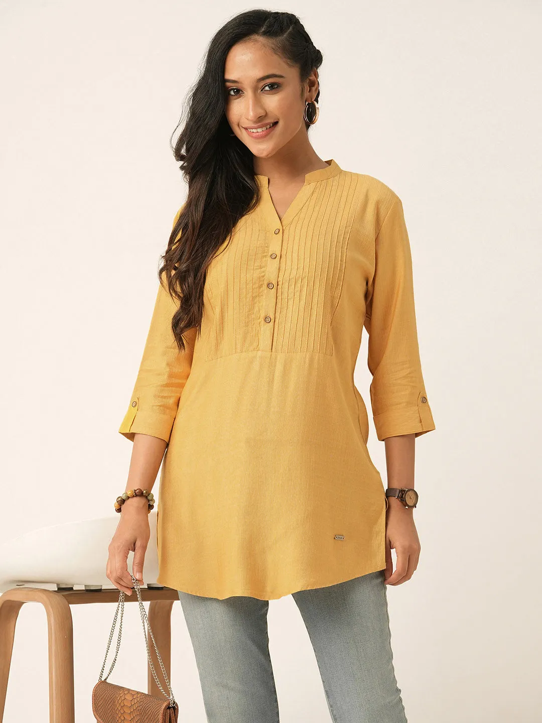 Mustard Comfort Fit Rayon Tunics for Women Online India Hip Length Straight - Zola