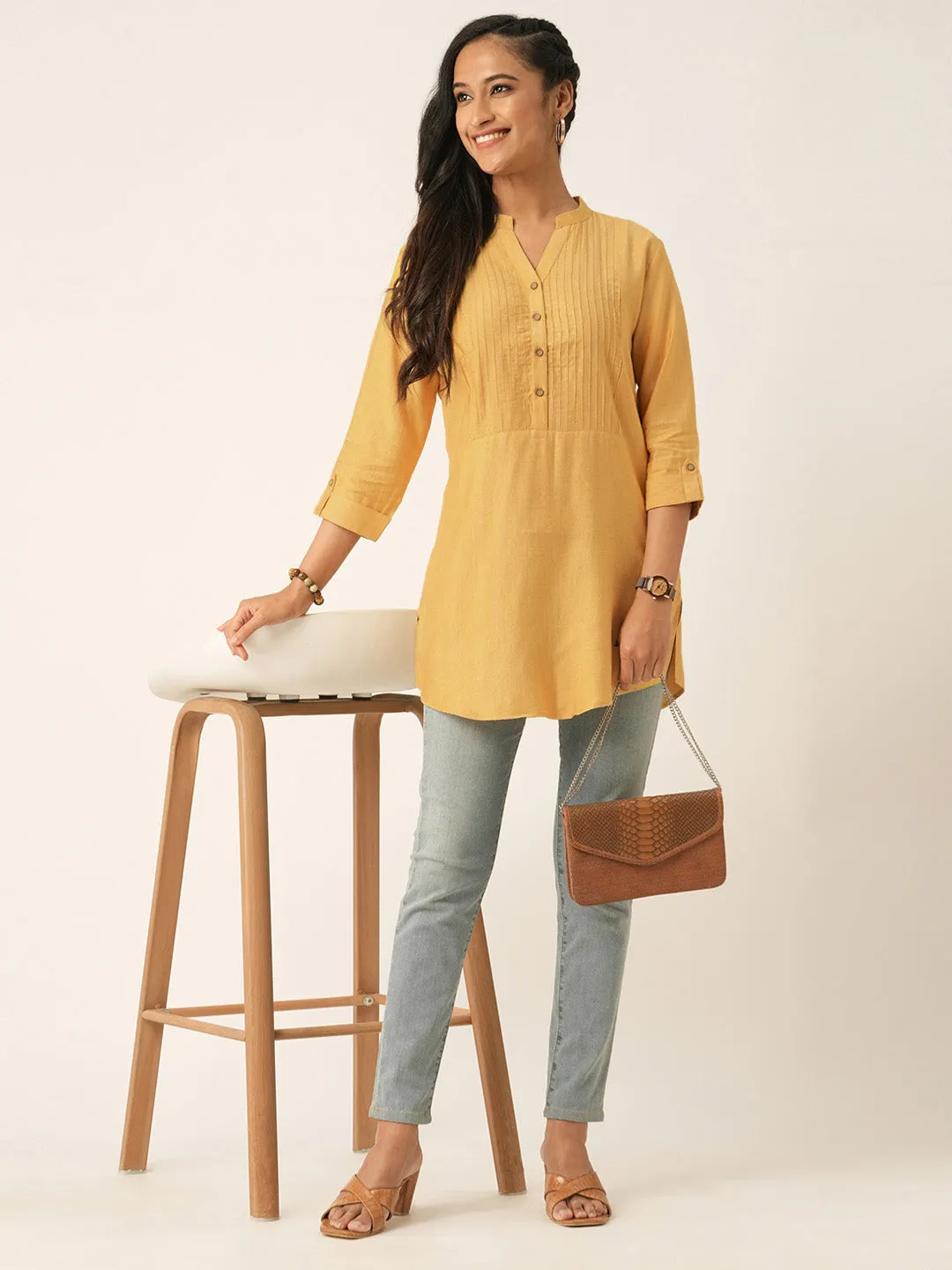 Mustard Comfort Fit Rayon Tunics for Women Online India Hip Length Straight - Zola