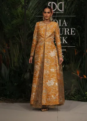 Mustard embroidered anarkali with printed dress