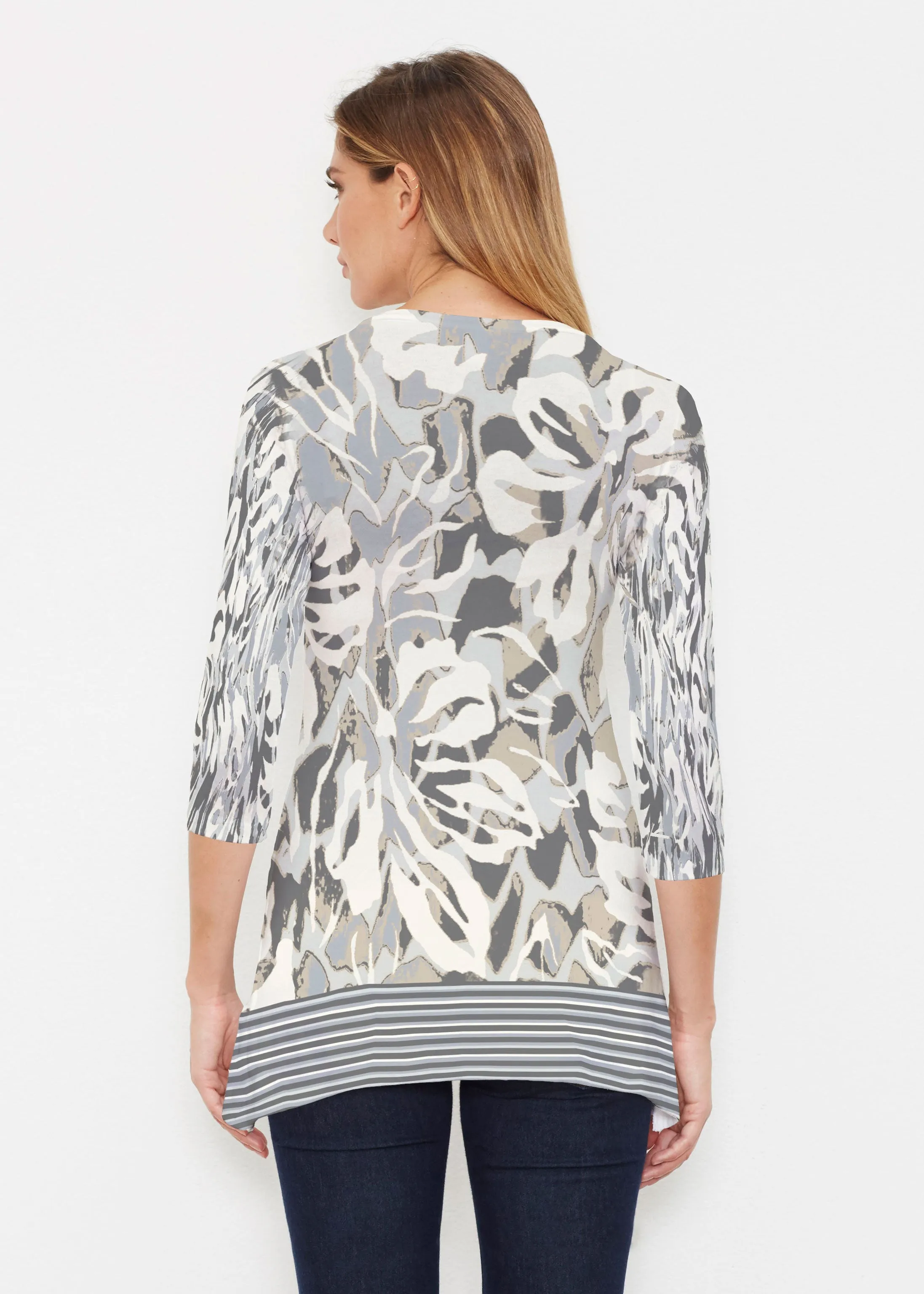 Mystic Floral Stripe Grey (19170) ~ Buttersoft 3/4 Sleeve Tunic