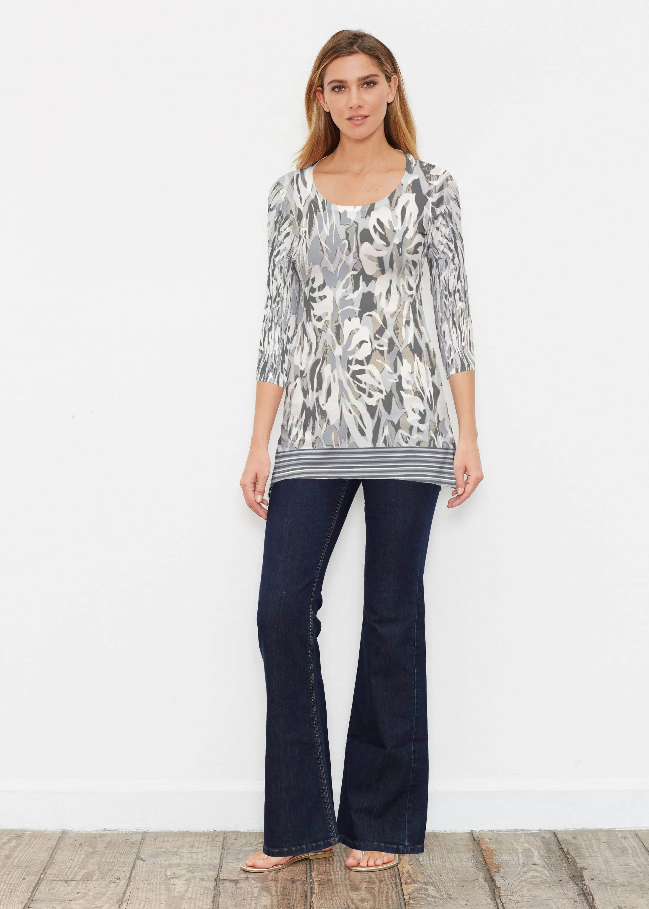 Mystic Floral Stripe Grey (19170) ~ Buttersoft 3/4 Sleeve Tunic