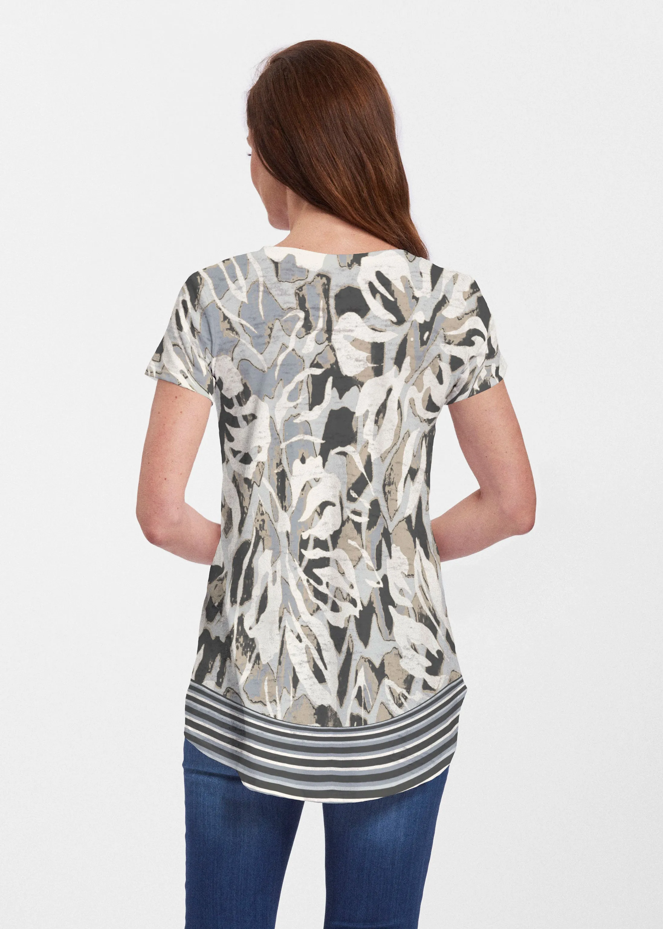 Mystic Floral Stripe Grey (19170) ~ Signature Short Sleeve Scoop Neck Flowy Tunic