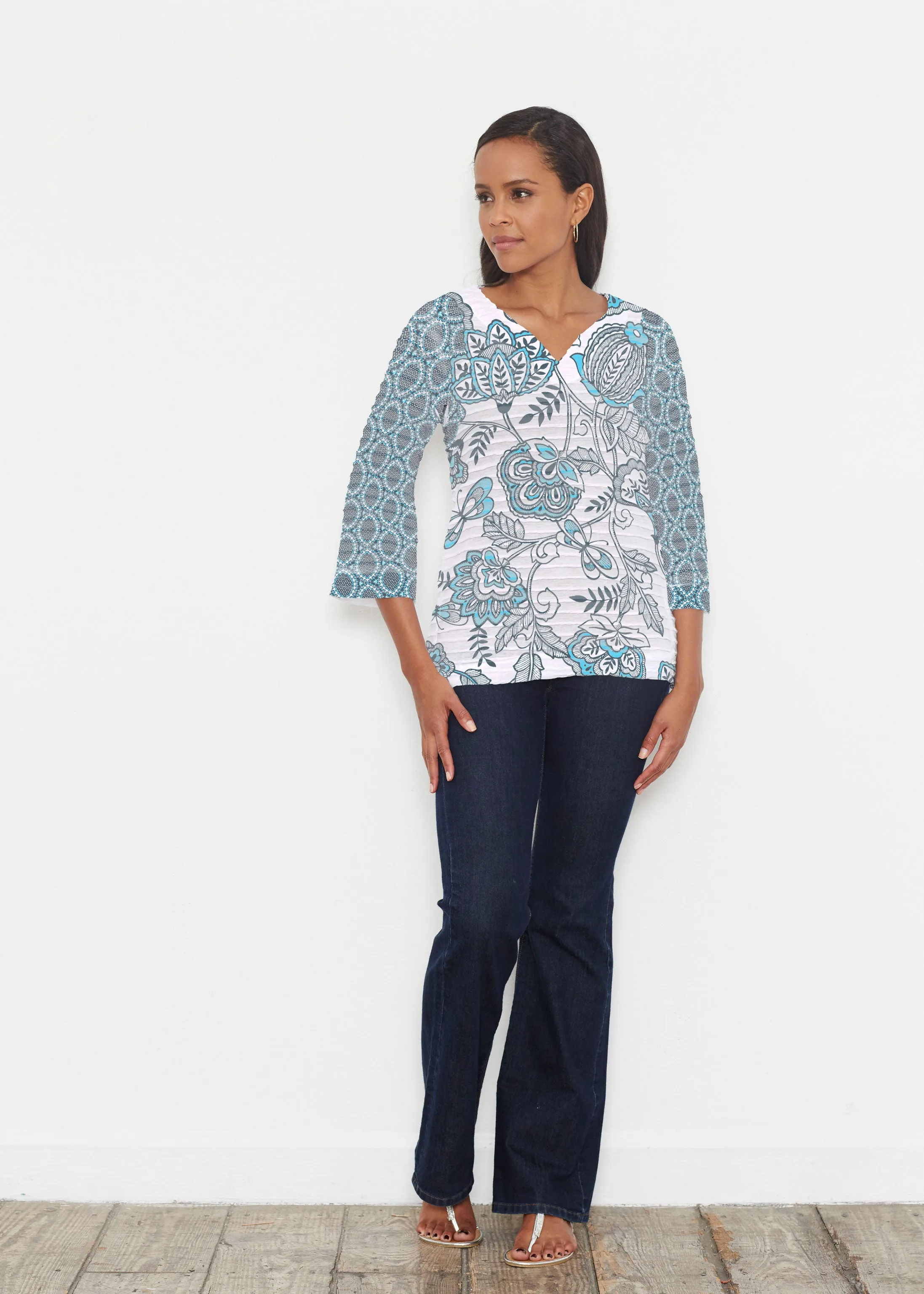 Namaste Floral (13366) ~ Banded 3/4 Bell-Sleeve V-Neck Tunic